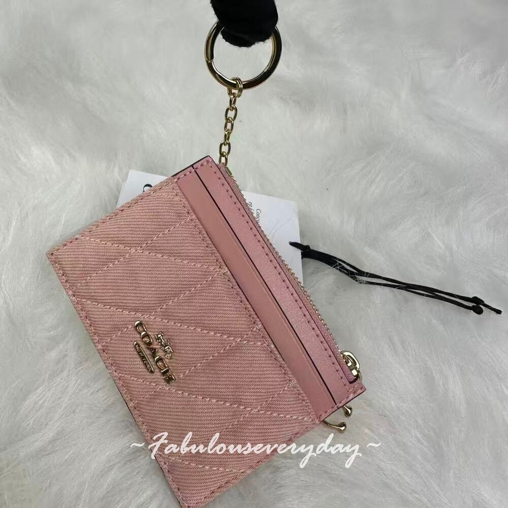 Coach Mini Skinny Id Case Loved Denim With Quilting And Charm Light Pink CFA30